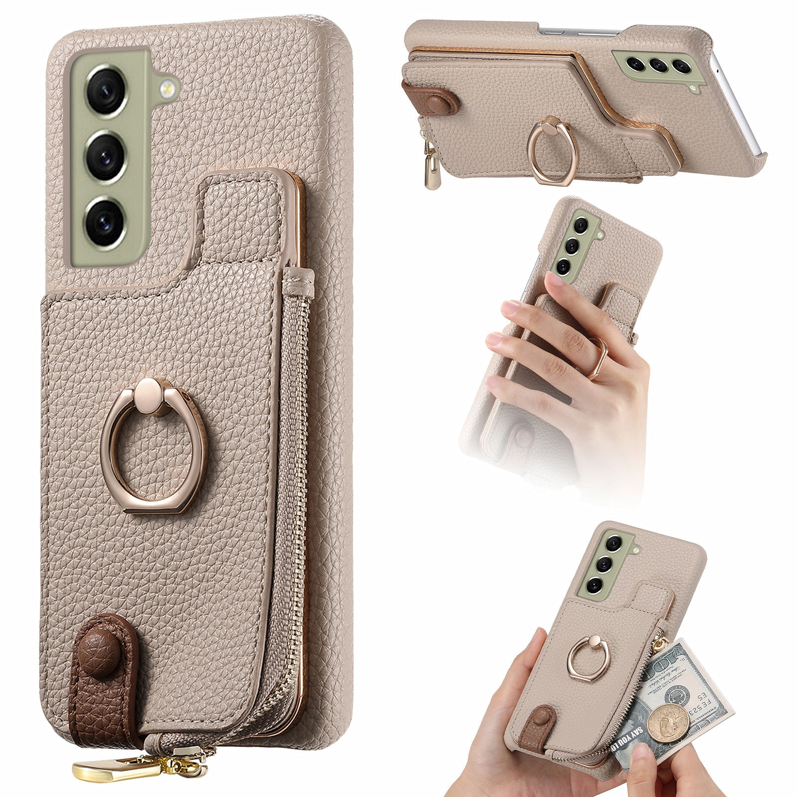 Y3 for Samsung Galaxy S21 FE 5G Drop-proof Case Ring Kickstand Leather Phone Cover with Zipper Pocket Y3 for Samsung Galaxy S21 FE 5G Drop-proof Case Ring Kickstand Leather Phone Cover with Zipper Pocket